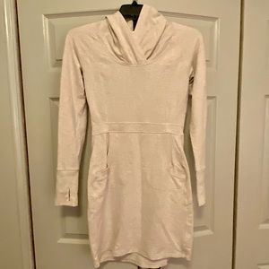 Athleta Cream Cotton Blend Athleisure Dress with Hoodie and Thumb Holes